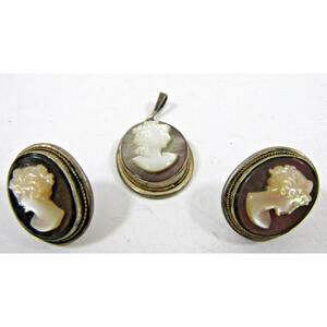 Beautiful Antique Cameo Brooch Pendant and Matching Screw On Earrings 800 Silver
